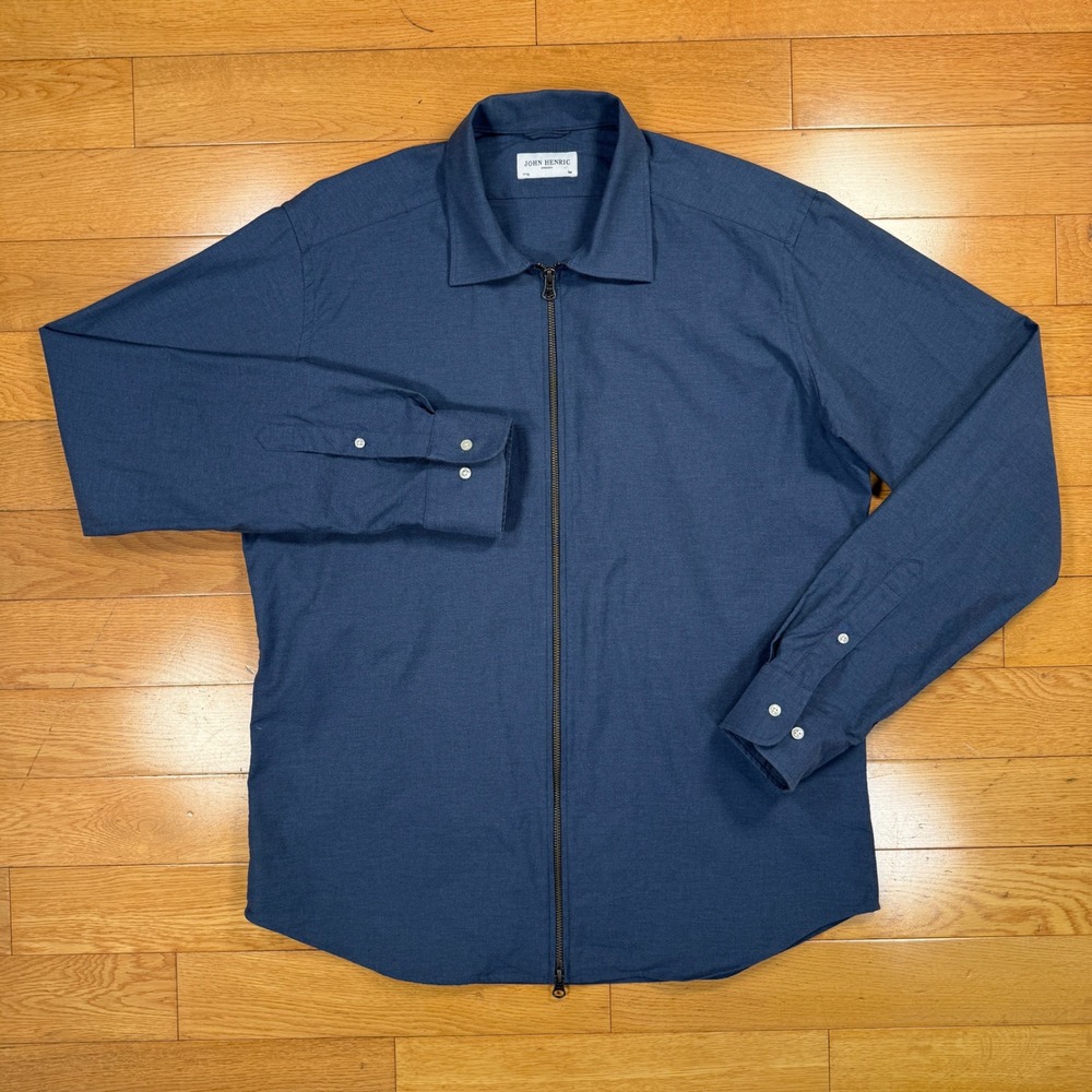 John Henric Sweden Mens Size 17.5 / 44 Blue‎ 100% Cotton Full Zip Shirt Jacket